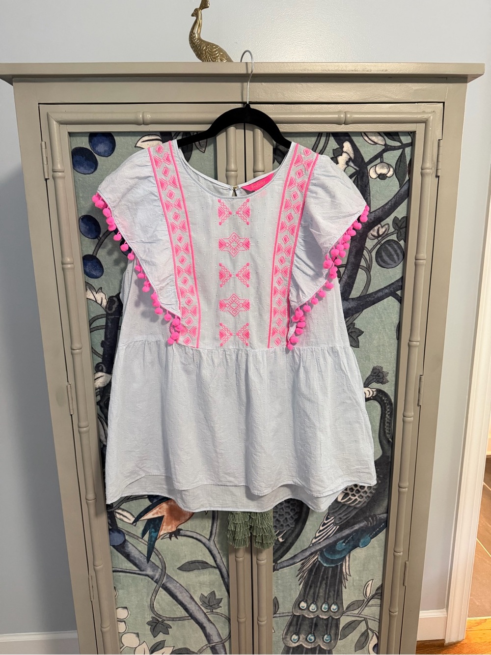 Lilly Top with Neon Pink Embroidery and Pom Trim